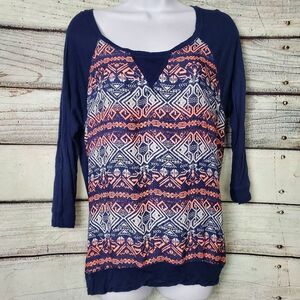 Jolt Women’s Navy Coral Tribal Print Long Sleeve Top Size M